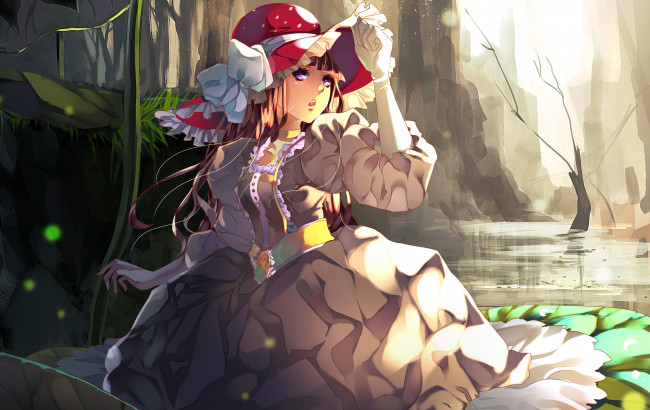 Обои картинки фото аниме, *unknown , другое, art, aiki-ame, девушка, шляпа, перчатки, вода