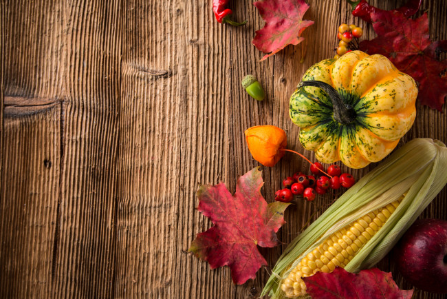 Обои картинки фото еда, овощи, тыква, осень, урожай, кукуруза, листья, желуди