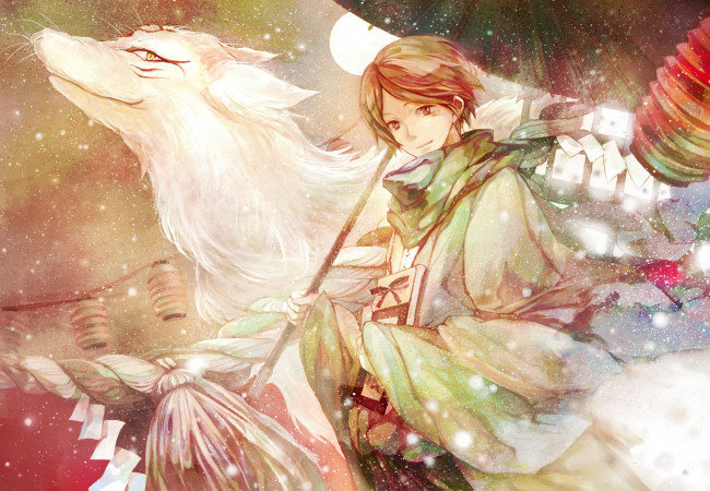 Обои картинки фото аниме, natsume yuujinchou, natsume, yuujinchou, takashi, irorico, няко-сенсей, екай, тетрадь, дружбы, нацумэ, арт, парень, демон, огни, звезды, madara