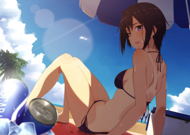 Обои картинки фото аниме, *unknown , другое, девушка, пляж, зонт, купальник