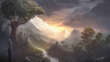Картинка фэнтези пейзажи вид река меч горы плащ воин водопад