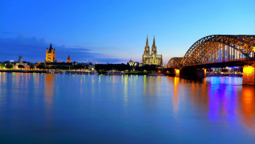 Картинка города кельн+ германия огни вечер собор мост река