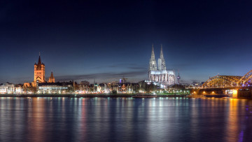 Картинка города кельн+ германия вечер собор мост река огни
