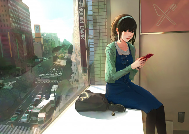 Обои картинки фото аниме, город,  улицы,  здания, девушка