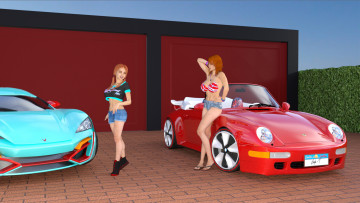 Картинка 3д+графика люди-авто мото+ people-+car+ +moto девушки взгляд фон