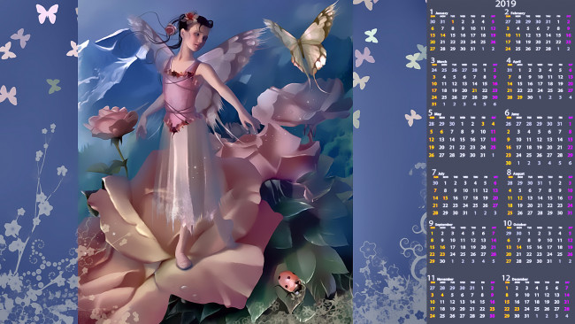 Обои картинки фото календари, фэнтези, цветы, бабочка, крылья, девушка