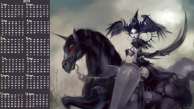 Обои картинки фото календари, фэнтези, крылья, лошадь, конь, щит, взгляд, девушка