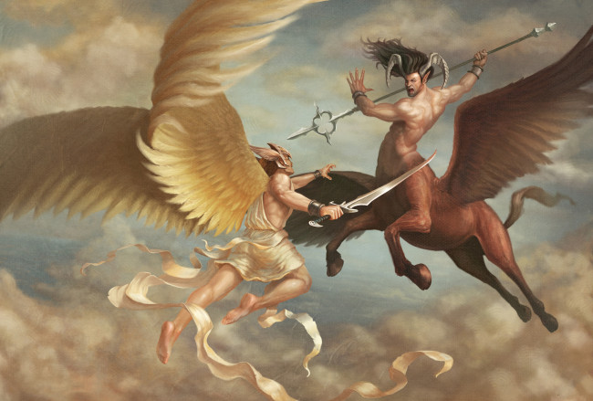 Обои картинки фото фэнтези, существа, фон, мужчины, бой, кентавр, копье, крылья, рога, меч