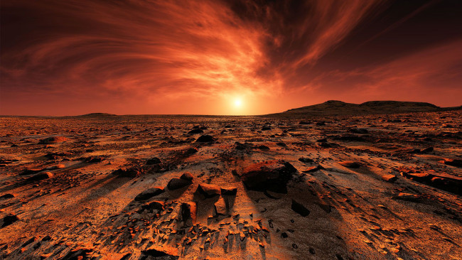 Обои картинки фото марс, космос, планета, вселенная, поверхность, грунт, камни, красная, горизонт, пространство, пустыня