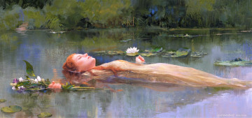обоя рисованное, живопись, девушка, цветы, озеро
