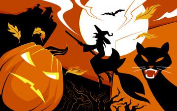 обоя праздничные, хэллоуин, замок, луна, злая, кошка, перья, ведьма, метла
