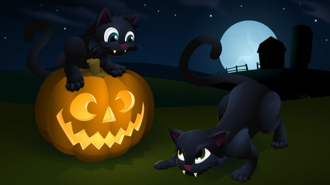 Обои картинки фото праздничные, хэллоуин, тыква, луна, коты