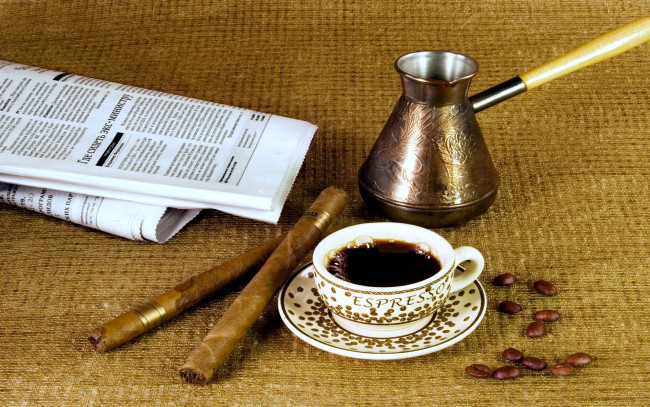 Обои картинки фото еда, кофе, кофейные, зёрна, чашка, сигары, газета, турка