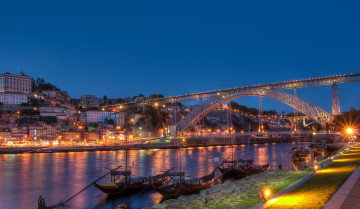 обоя porto, portugal, города, огни, ночного, дома, ночь, мост, река