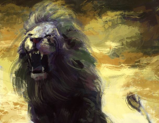 Обои картинки фото рисованное, животные,  львы, лев, грива, пасть