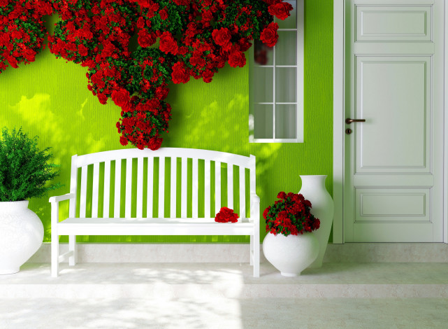 Обои картинки фото 3д графика, реализм , realism, дверь, окно, лавочка, цветы, красные, розы, вазы