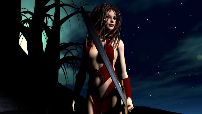 Обои картинки фото dark sorceress, 3д графика, фантазия , fantasy, фон, оружие, взгляд, девушка