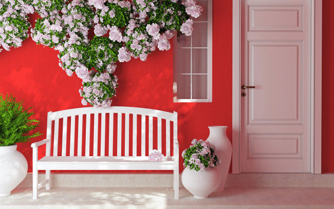 Обои картинки фото 3д графика, реализм , realism, дверь, вазы, лавочка, цветы