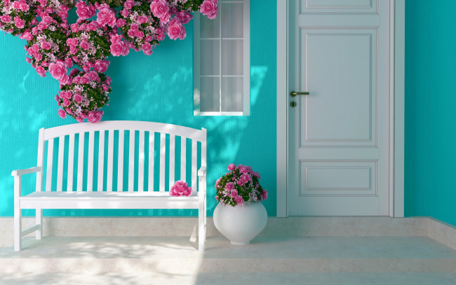Обои картинки фото 3д графика, реализм , realism, интерьер, дверь, цветы, розы, лавочка, окно