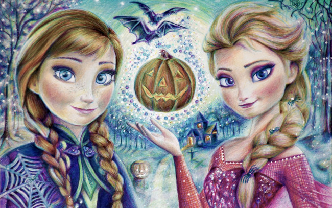 Обои картинки фото рисованное, кино, elsa, холодное, сердце, halloween, frozen, девушки, хэллоуин, snow, queen, anna, тыква