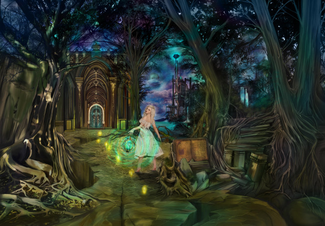 Обои картинки фото 3д графика, фантазия , fantasy, ночь, тропинка, деревья, лес, фонарь, трещина, девушка, книги, здания