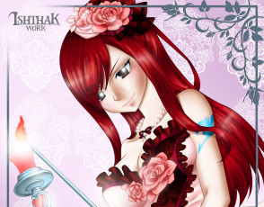 Картинка аниме fairy+tail свечи цветы фон взгляд девушка erza scarlet