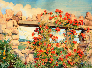 Картинка рисованное живопись развалины сад стена цветы небо