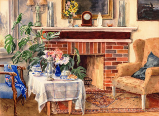 Картинка рисованное живопись картины цветы стол камин кресла комната кувшин часы посуда