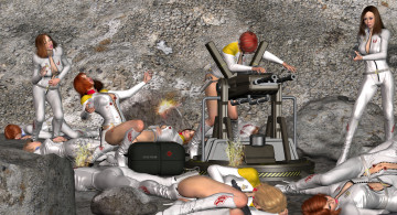 Картинка 3д+графика фантазия+ fantasy девушки взгляд фон оружие батальон бой сражение кровь