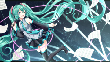 Картинка аниме vocaloid арт yamagara hatsune miku волосы девочка листы ноты музыка микрофон