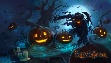 Картинка праздничные хэллоуин огонь руки мрачно страшно ночь шляпа зло нечисть монстр тыквы летучие мыши дерево луна когти