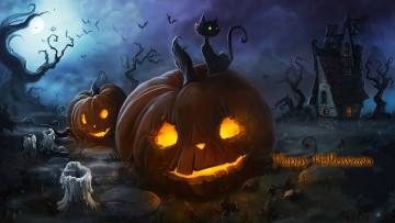 Картинка праздничные хэллоуин праздник летучие мыши ночь домик свечи кот горящие луна огонь туман тыквы