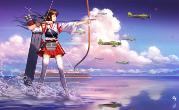 Картинка аниме kantai+collection лук самолеты фон взгляд девушка