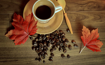 Картинка еда кофе +кофейные+зёрна coffee leaves cup beans осень книга чашка autumn