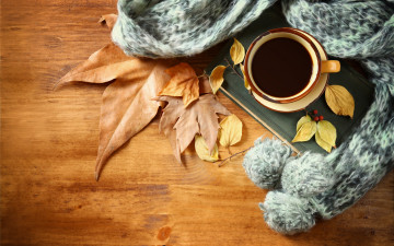 Картинка еда кофе +кофейные+зёрна hot leaves coffee cup autumn листья осень чашка шарф