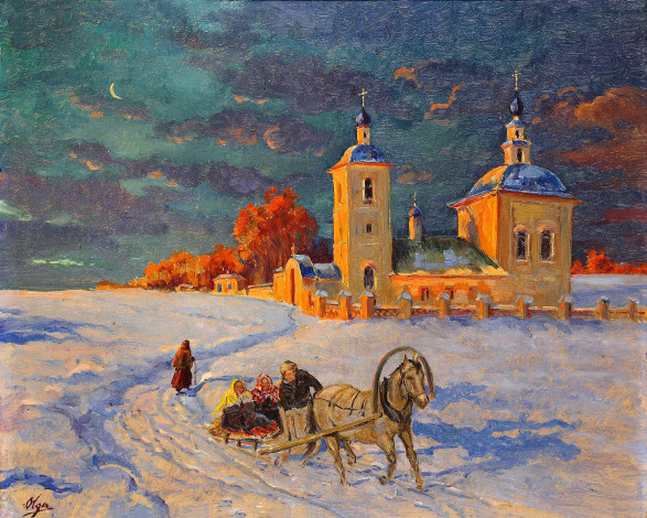 Обои картинки фото зимние гуляния, рисованное, живопись, снег, месяц, тучи, небо, люди, повозка, церковь, зима