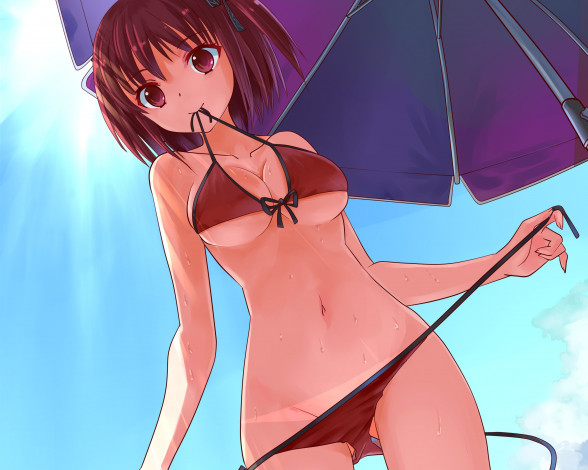 Обои картинки фото аниме, oreimo, бикини, зонтик, фон, взгляд, девушка, купальник, лето, kakuyuki