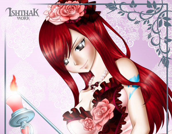 Обои картинки фото аниме, fairy tail, свечи, цветы, фон, взгляд, девушка, erza, scarlet