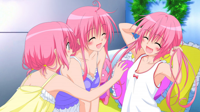 Обои картинки фото аниме, to love ru, девушки, взгляд, lala, satalin, deviluke, улыбка, фон, nana, asta, momo, velia