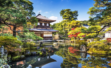 Картинка города киото+ Япония деревья дом камни парк озеро киото