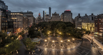 Картинка union+square города нью-йорк+ сша парк огни ночь