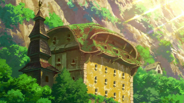 Картинка рисованное города гора деревья здание