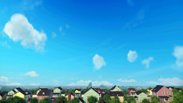 Картинка рисованное города облака дом деревья