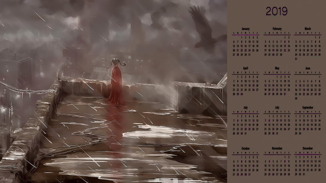 Обои картинки фото календари, фэнтези, дождь, птица, человек