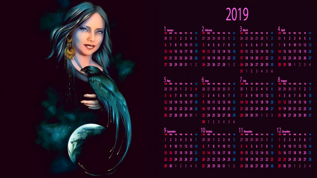 Обои картинки фото календари, фэнтези, взгляд, женщина, птица, серьги, лицо