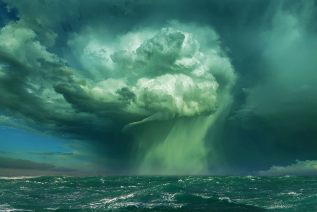 Обои картинки фото природа, стихия, смерч, шторм, волна, буря, брызги, мощь, ураган, непогода, ветер, сила, океан, море, вода, облака, тучи, бирюза