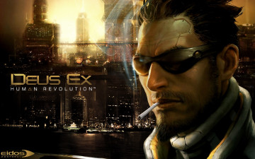 обоя видео игры, deus ex,  human revolution, лицо, сигарета, город