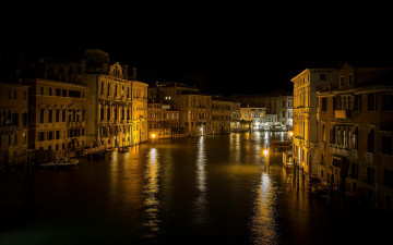 обоя города, венеция , италия, вечер, канал, огни