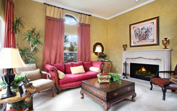 Картинка интерьер гостиная кожа мебель комфорт ковёр картина камин ваза комната кресло диван растения гардины цветы
