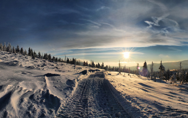 Обои картинки фото природа, зима, солнце, следы, лес, поле, снег, колея